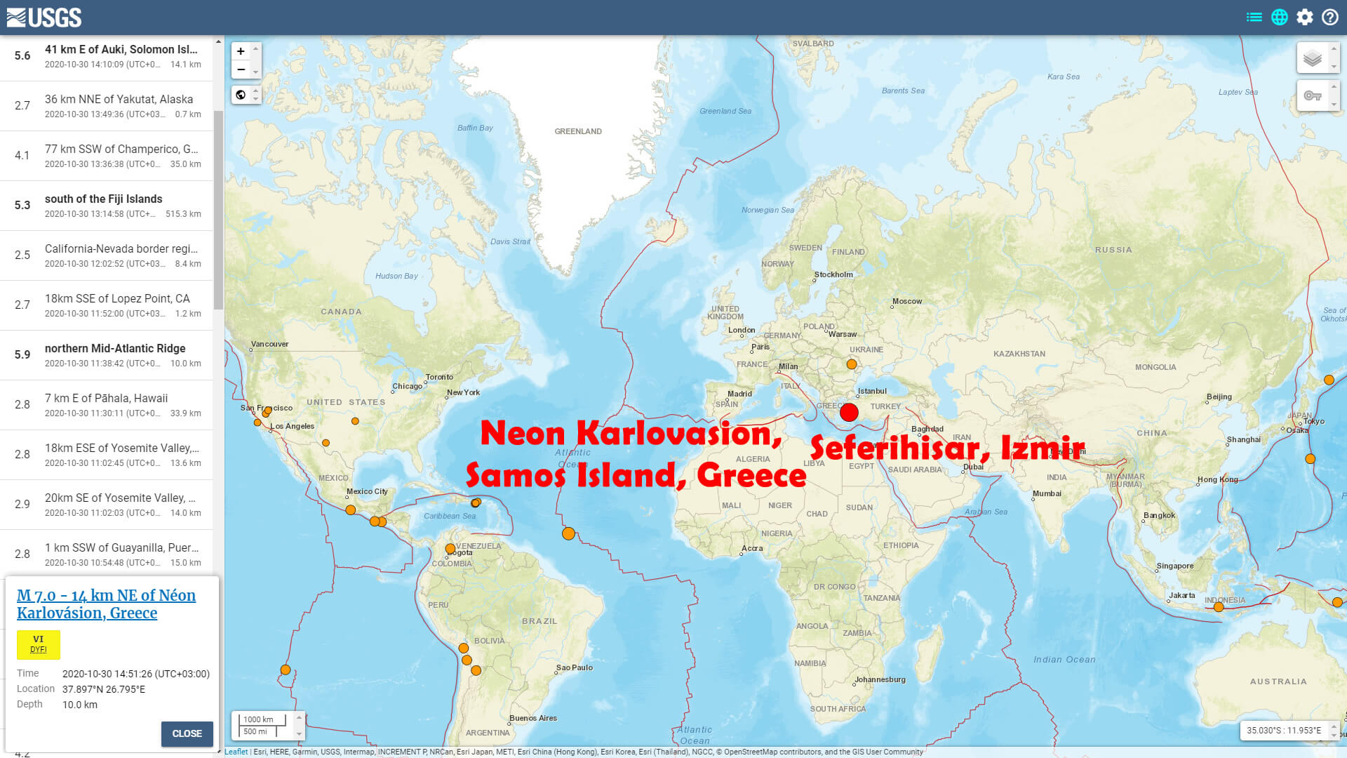 Samos Greece - Seferihisar Izmir - Sep 30 Earthquake Map